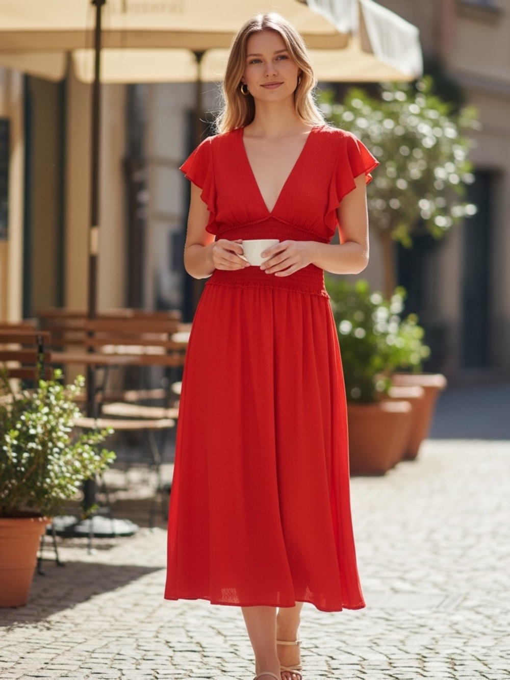 Leith Red V-Neck Flutter-Sleeve Midi Dress